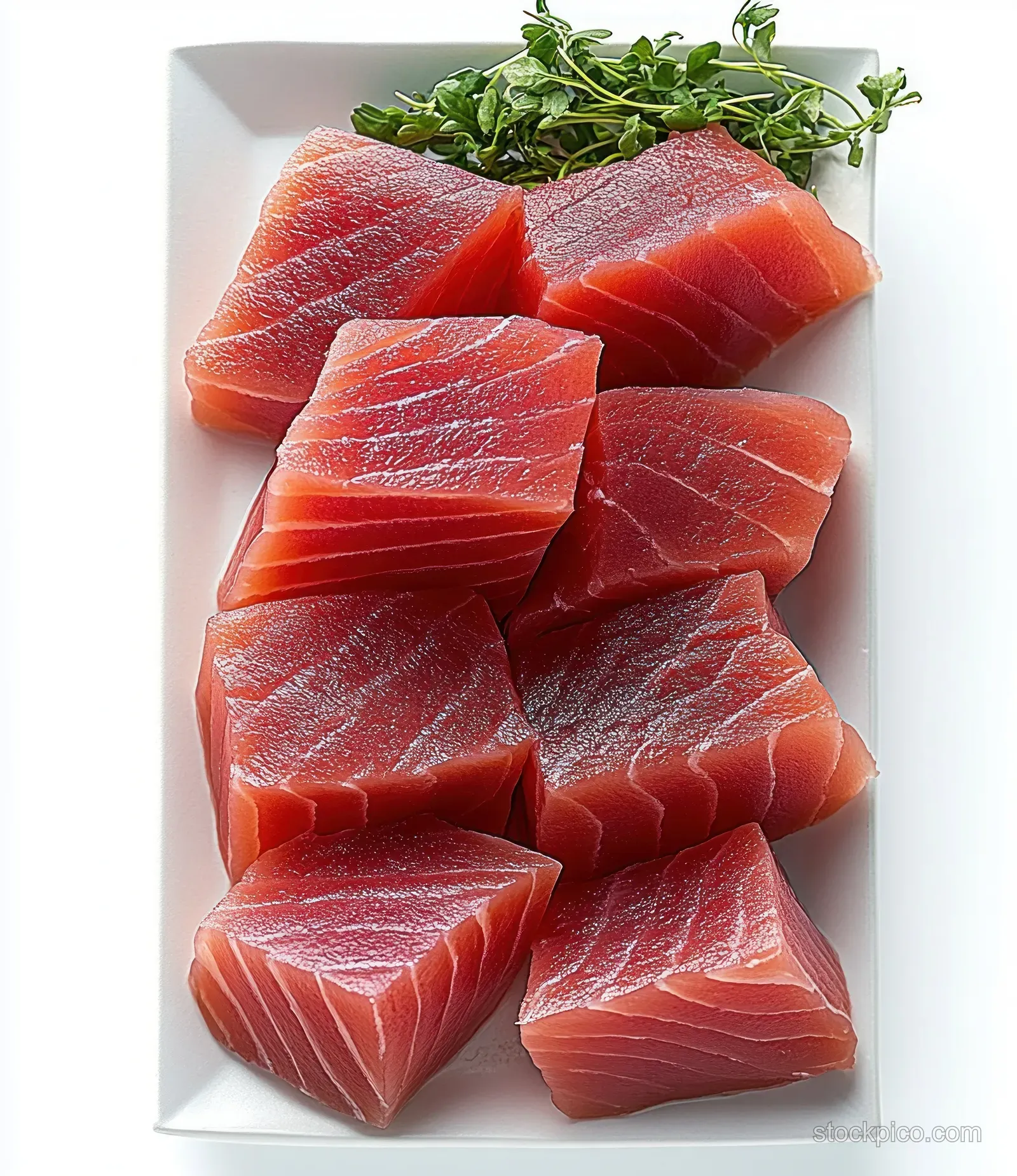 Raw tuna fillet cubes arranged on a white rectangular plate with a sprig of green herbs.