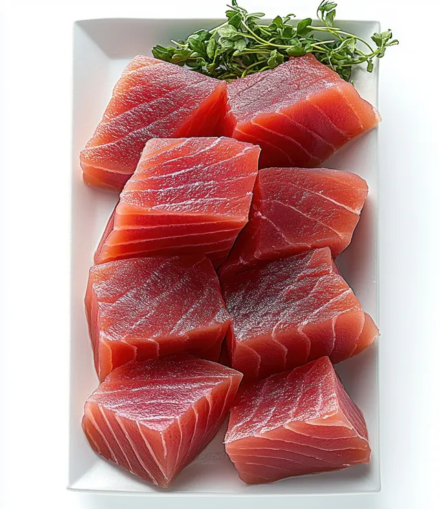 Raw tuna fillet chunks on white plate with fresh green herbs sprig
