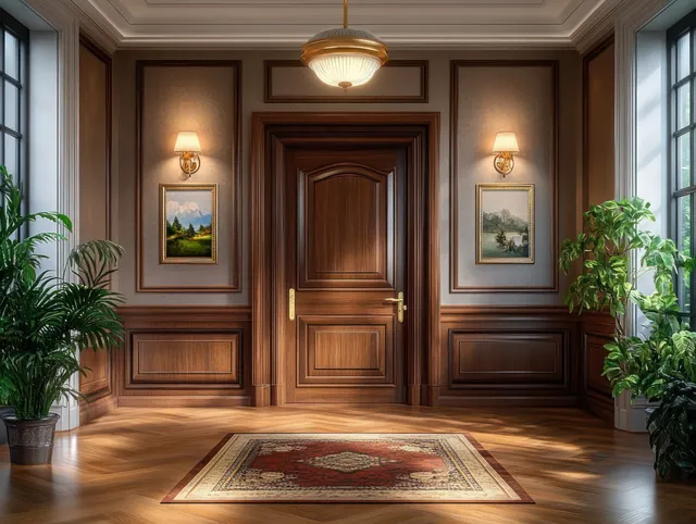 Traditional hallway with wooden door, framed landscape paintings, warm sconces, and potted plants on both sides.