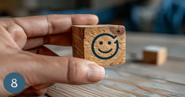 A hand holds a wooden cube printed with a smiley face on a table.