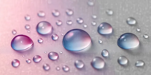 Cluster of water droplets beading on a smooth surface with pink and blue reflective highlights.