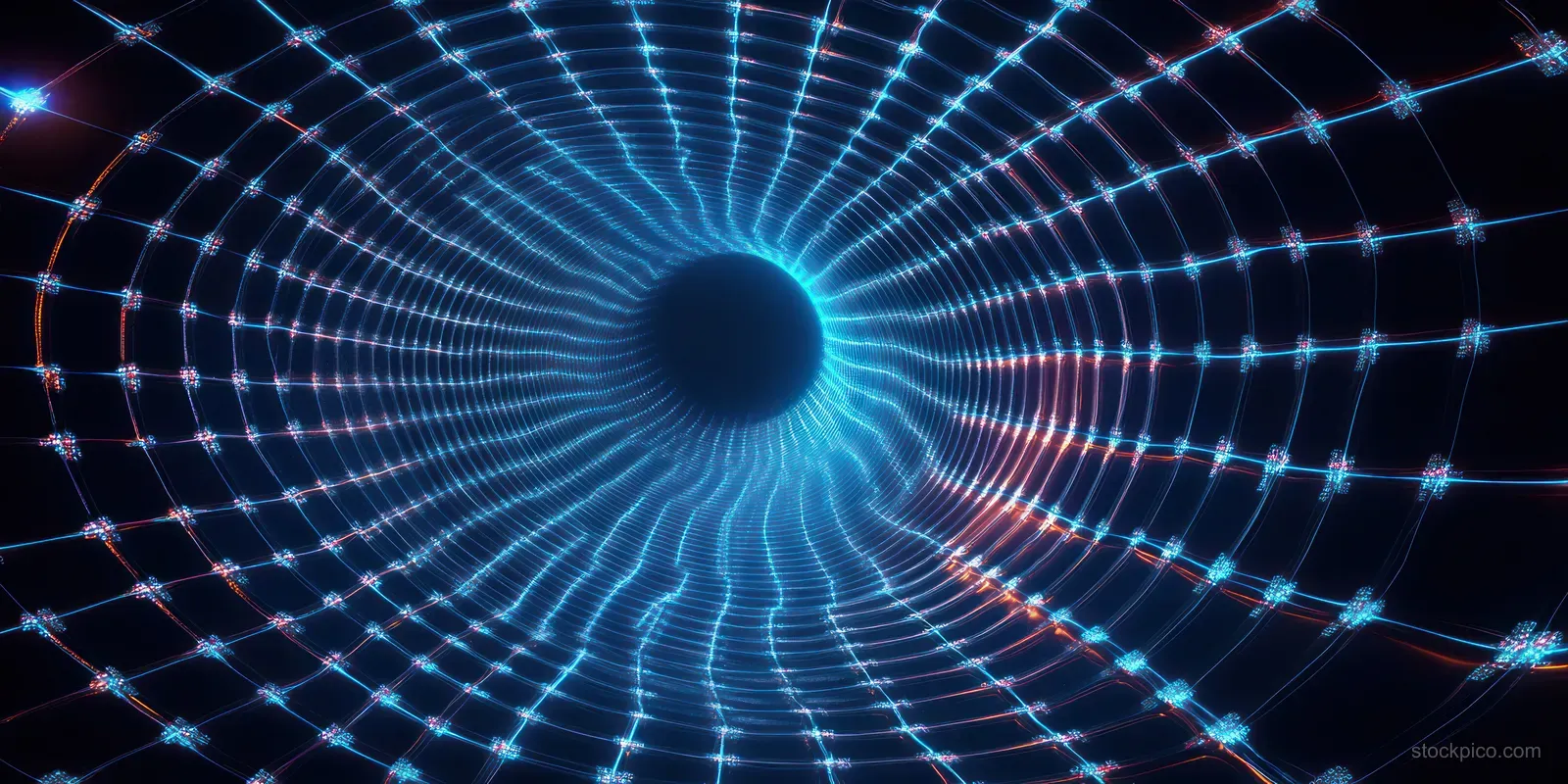 Neon blue and orange wireframe tunnel converging toward a dark circular void.