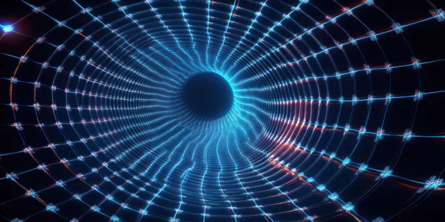 Glowing blue and orange wireframe tunnel pulling toward a dark circular void
