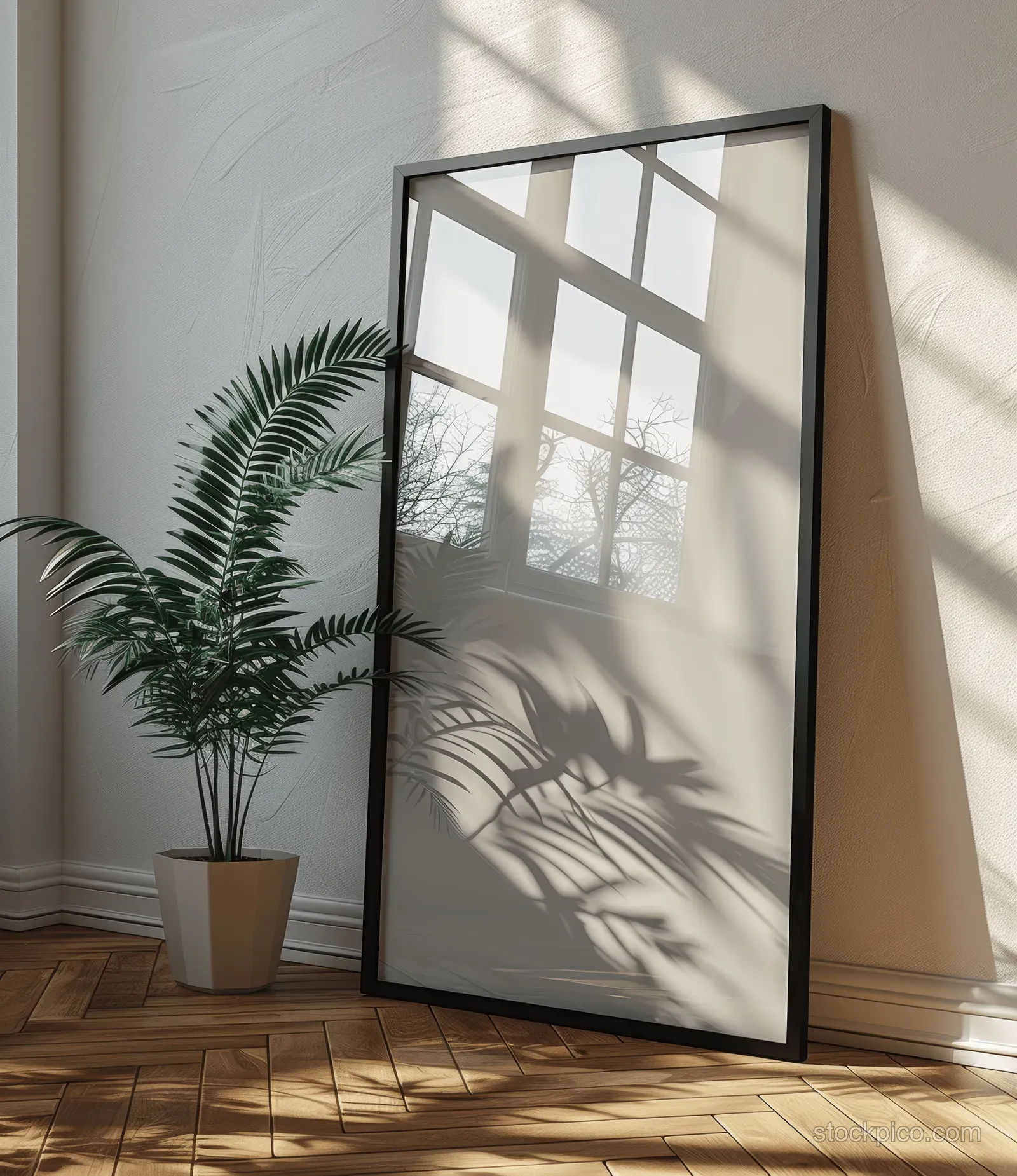 Empty black picture frame leaning on parquet floor with window reflection and potted plant in a minimalist room.