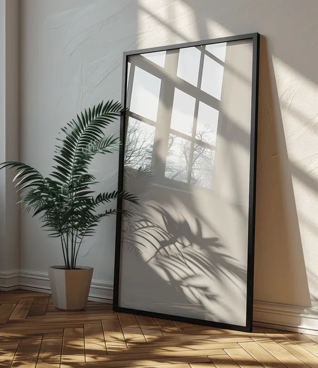 Empty black picture frame leaning on parquet floor beside potted plant and bright window reflection