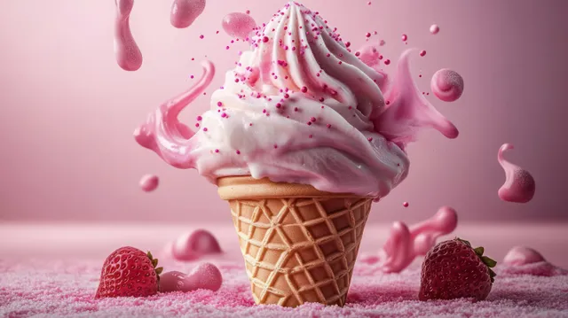 Pink and white soft serve ice cream cone with sprinkles, strawberries, and pink splash
