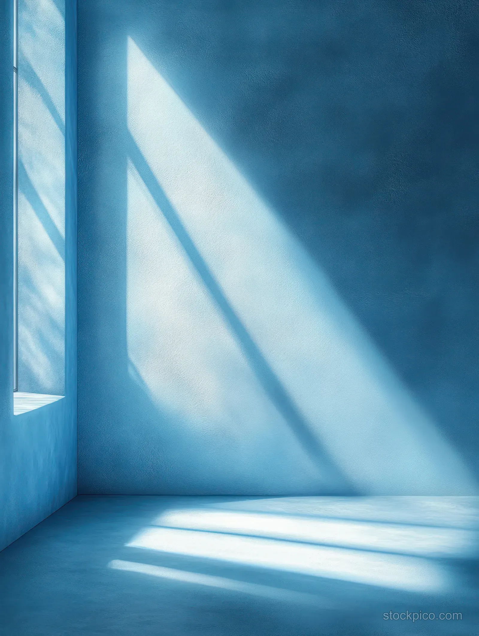 A minimalist blue podium in a corner studio with sunlike light rays and soft shadows on the empty floor.