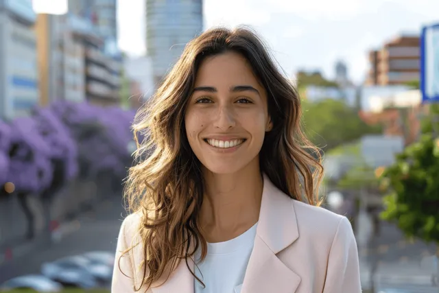 Smiling young businesswoman in a pastel pink blazer stands on a sunny street with blooming trees behind.