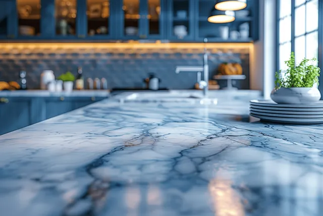 Close-up of a white marble kitchen island with blue accents and a blurred kitchen interior in the background.