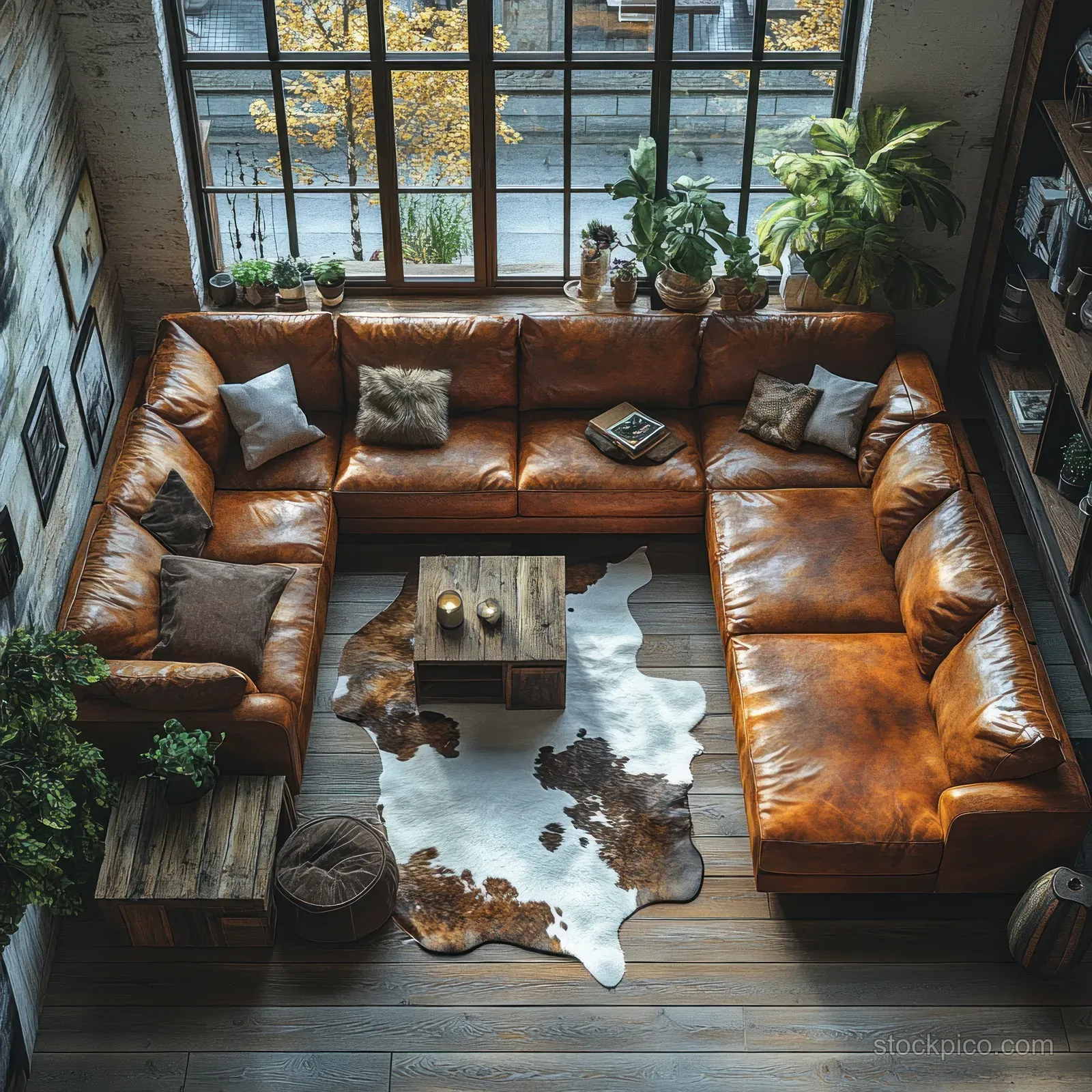 Top view 3D render of a living room with a leather sofa, wooden coffee table, and animal hide rug.