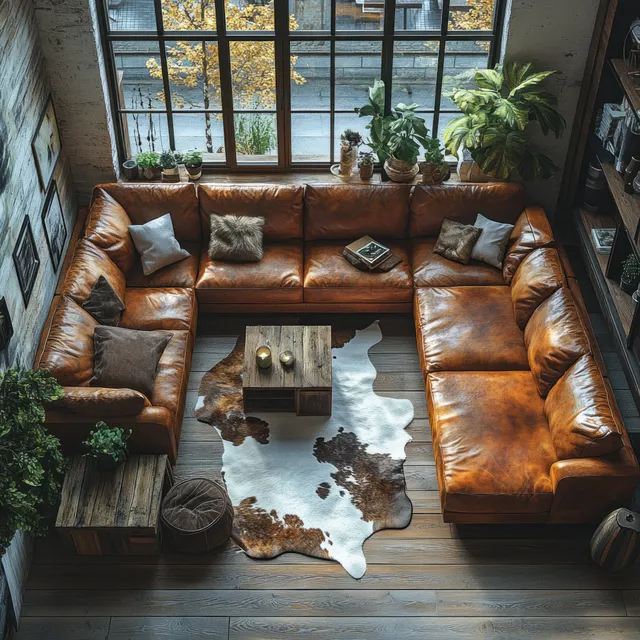 Top view 3D render of a living room with a leather sofa, wooden coffee table, and animal hide rug.