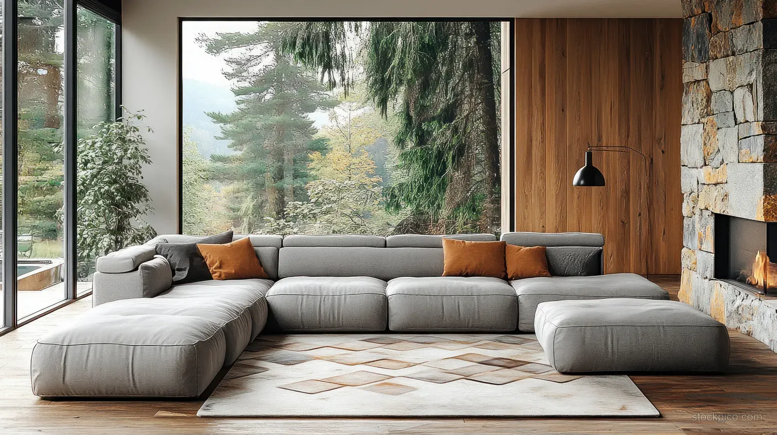 Gray sectional sofa and geometric rug sit in a bright living room beside a stone fireplace and large windows.