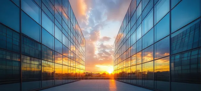Sunset light shines between two glass skyscrapers, reflecting orange-blue clouds across window facades.
