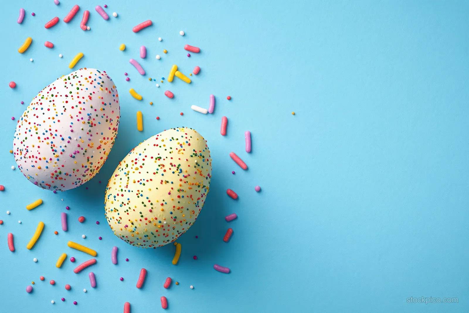 Two decorated Easter eggs with multicolored sprinkles scattered on a light blue background.