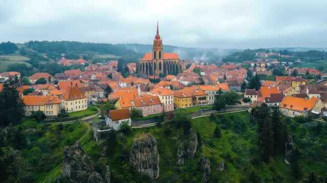 Old European town with red roofs and a church spire above rocky cliffs