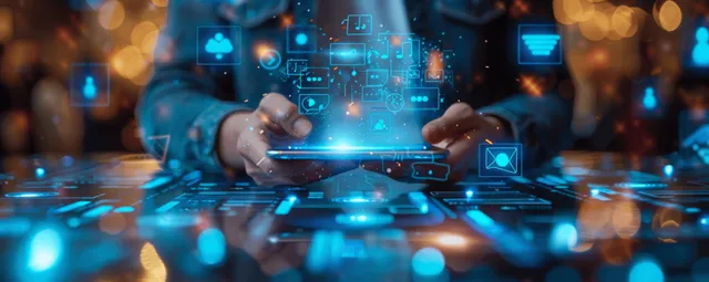 A person holding a smartphone shows a glowing AI interface with floating blue network icons and data holograms.