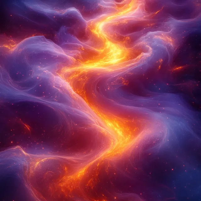 Electric purple and golden orange lightning streaking through swirling cosmic energy clouds