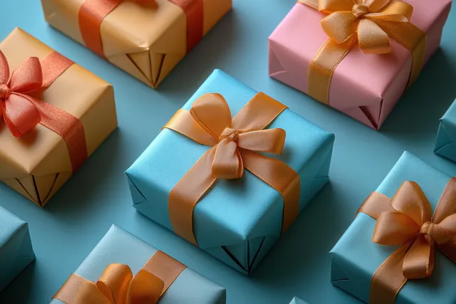 Colorful gift boxes with ribbon bows arranged on a light blue minimalist background