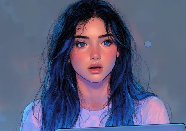 A frustrated young woman sits behind a laptop in cool blue light.