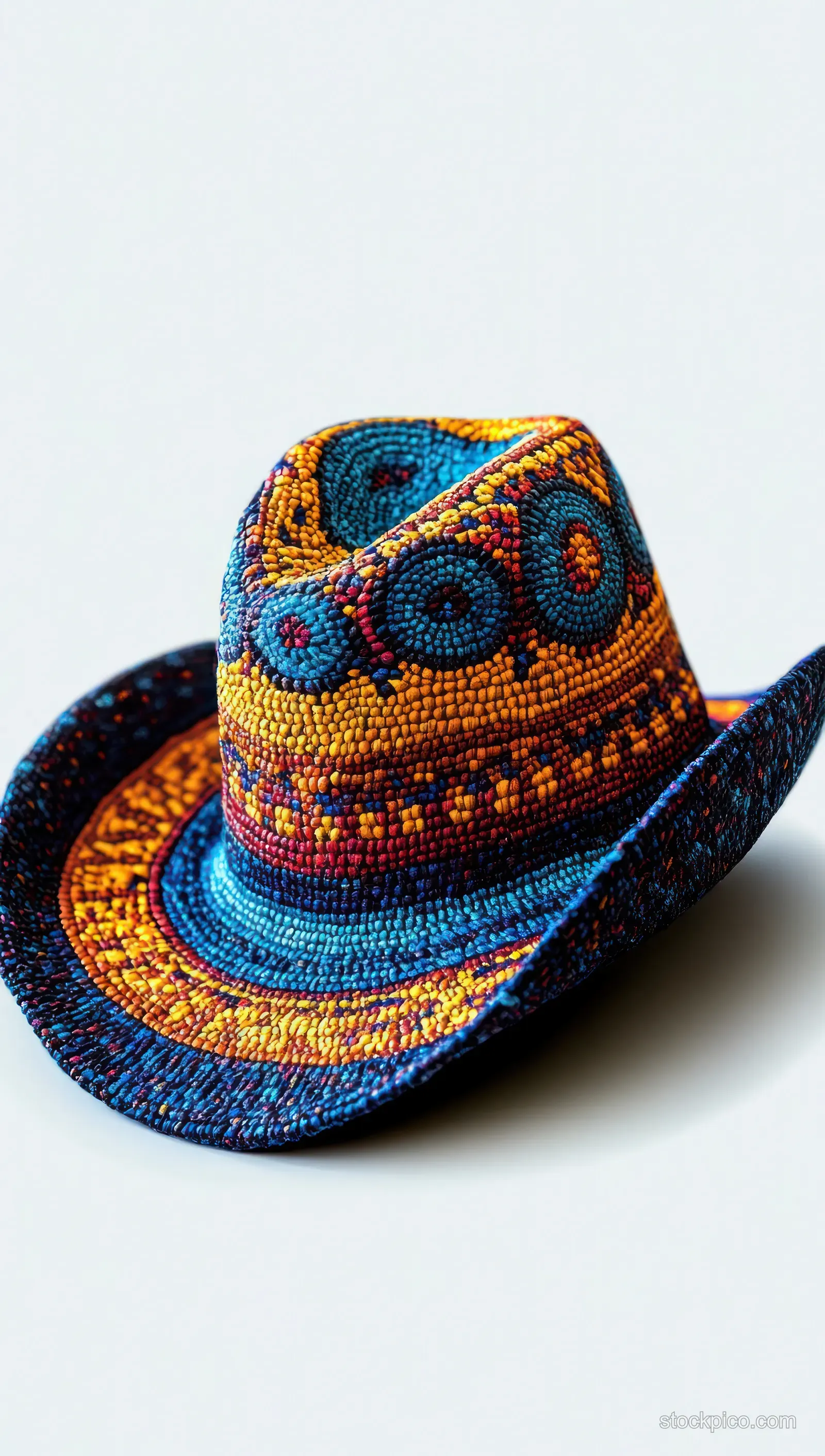 Colorful woven cowboy hat with circular geometric patterns in blue, orange, yellow, and red on a white background.