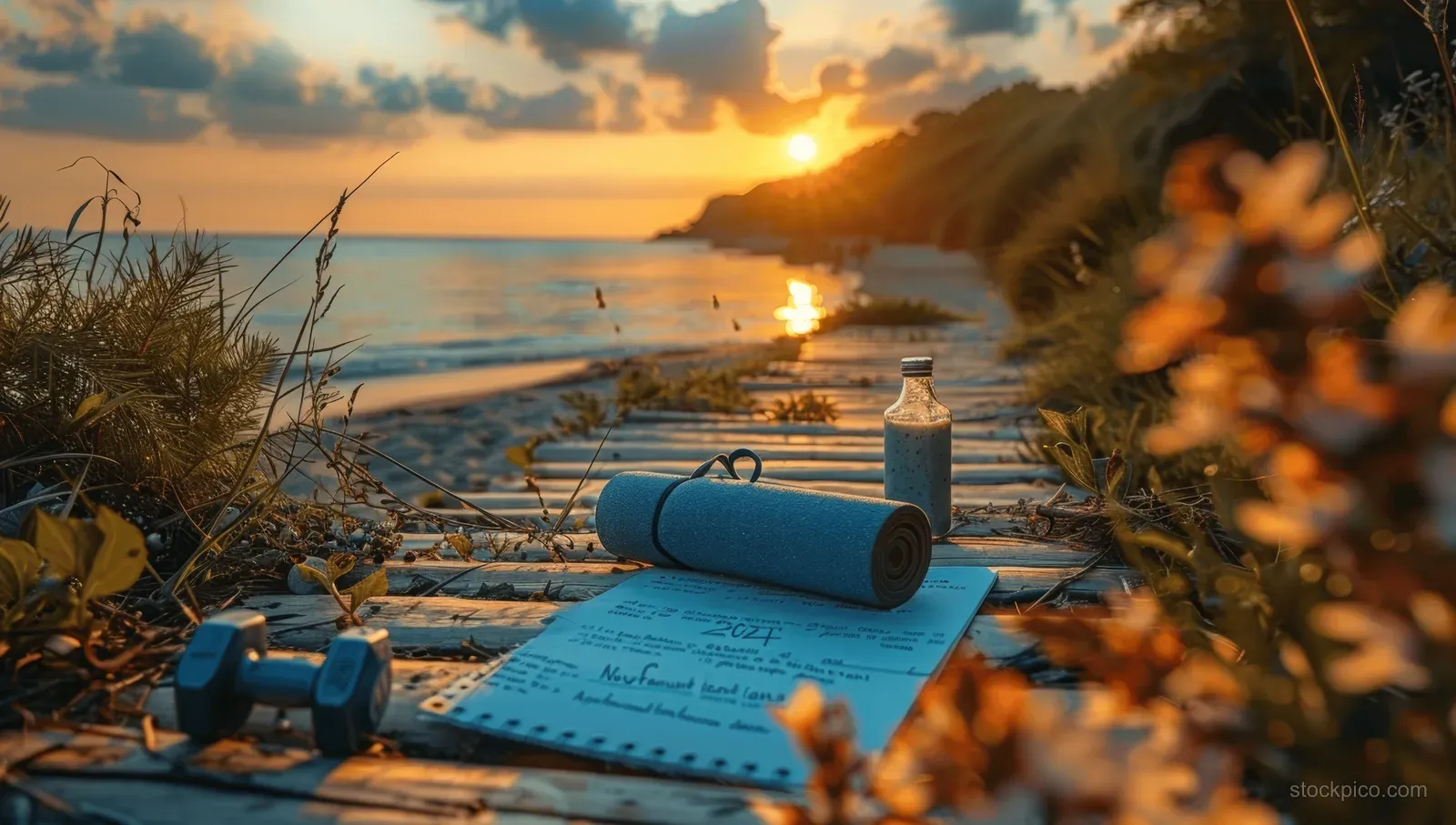 Rolled yoga mat on a sunrise beach beside a goals notebook, small dumbbells, and a smoothie cup overlooking the ocean.