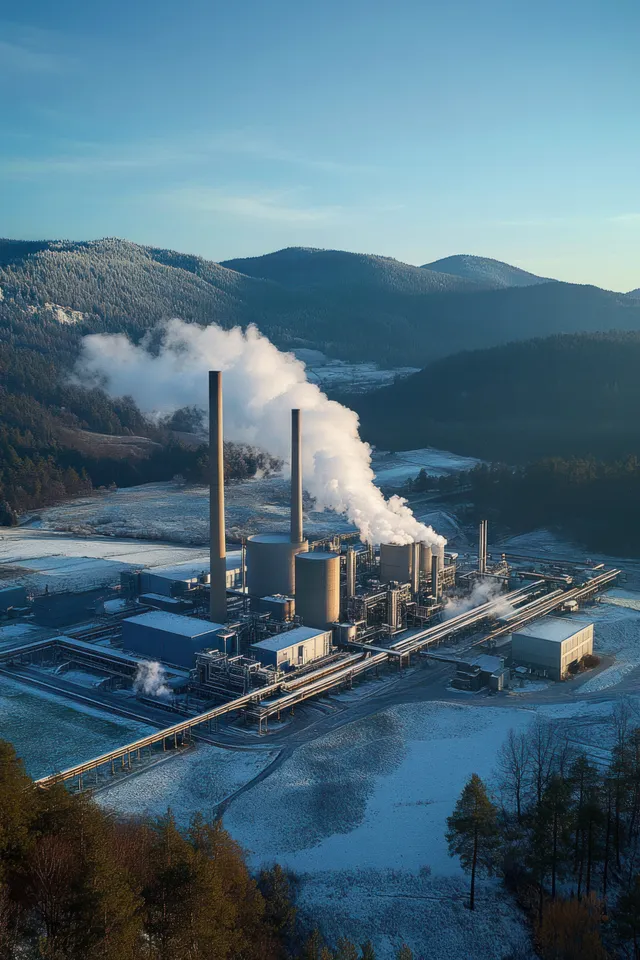 A power plant emits white smoke from smokestacks across snowy valley with mountains behind