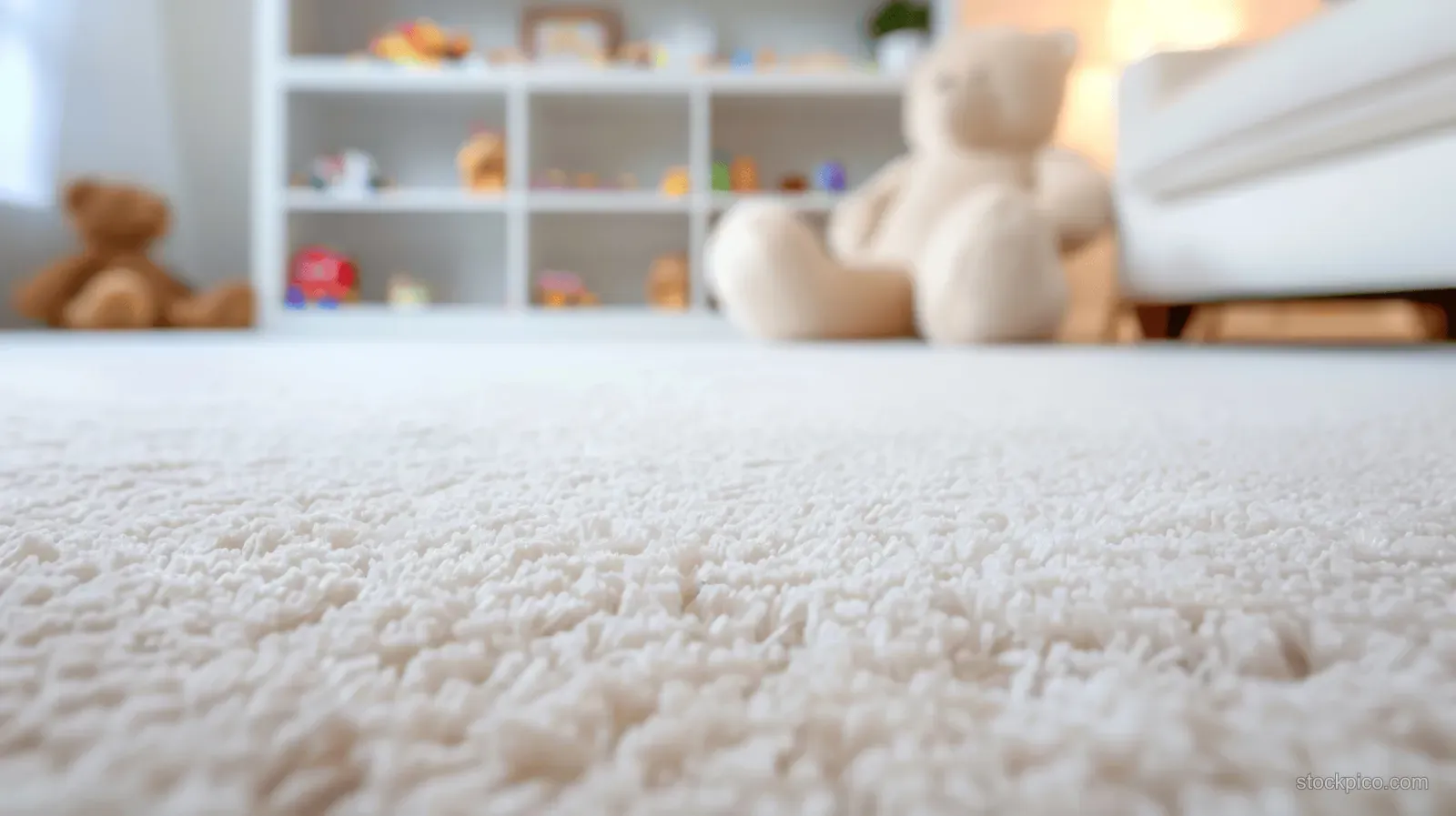 White plush carpet in front with toy animals and an open shelf visible in a bright children’s playroom.