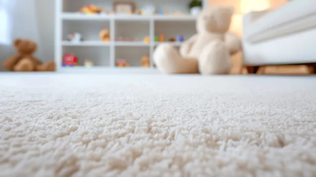 White plush carpet in front with toy animals and an open shelf visible in a bright children’s playroom.