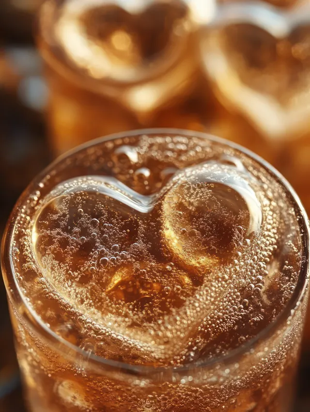 Close-up of a chilled glass of dark fizzy drink with a heart-shaped ice cube and sparkling bubbles.