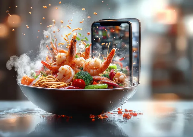 Steaming shrimp noodle bowl splashes spices as a smartphone screen shows the same dish.