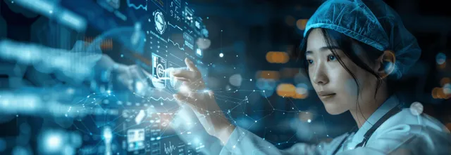 A doctor in blue scrubs examines holographic medical data overlaying a digital circuit background.