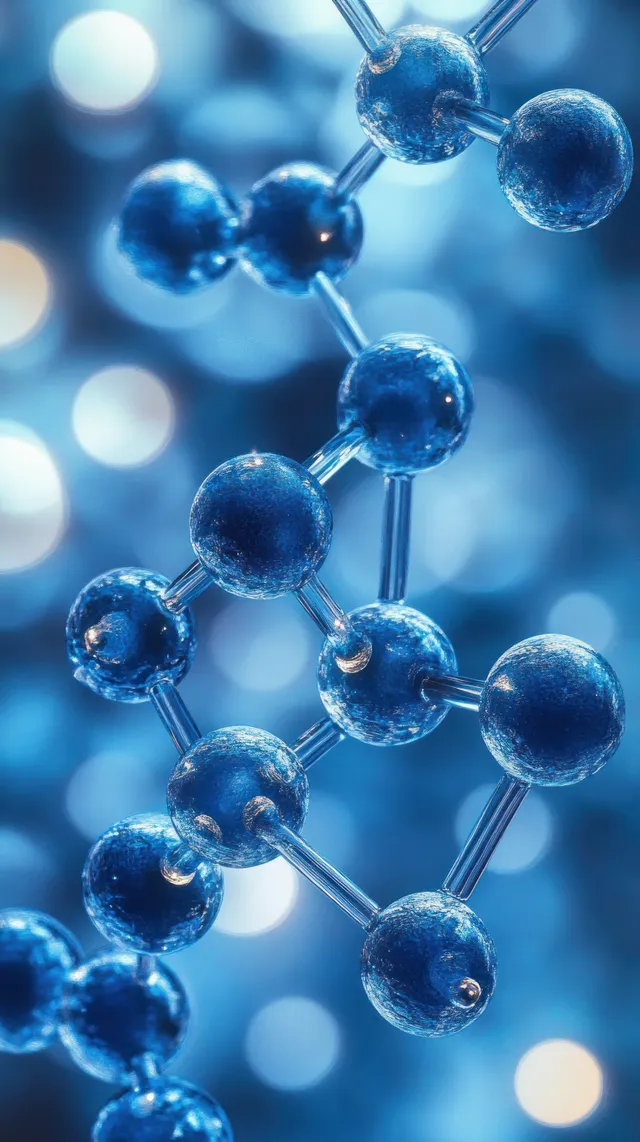 Blue atom spheres connected like a molecular model float over a blurred blue and white science background.