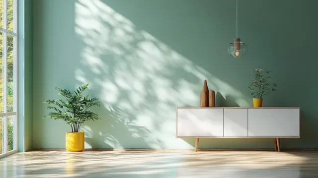 Sunlight casts leafy shadows across a mint green living room wall beside a white cabinet with potted plants.