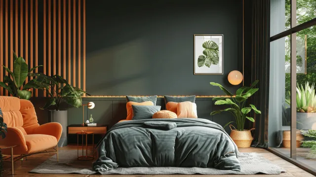 Modern bedroom with a dark green wall, peach cushions, and potted plants beside a bright window.