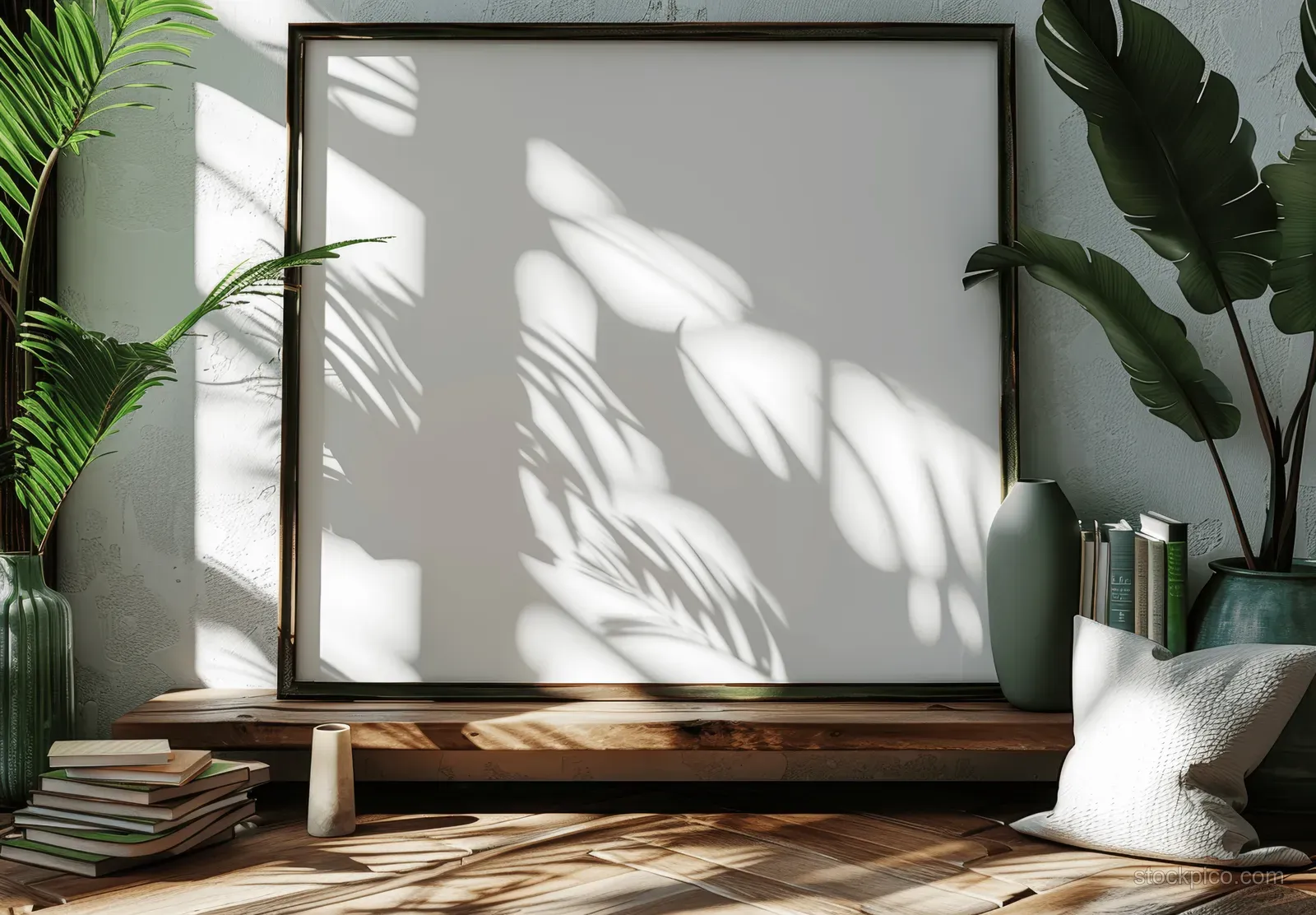 Blank picture frame mockup on a wooden table with tropical leaves, books, and a vase in soft sunlight.