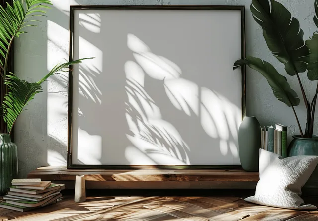 Blank picture frame mockup on a wooden table with tropical leaves, books, and a vase in soft sunlight.