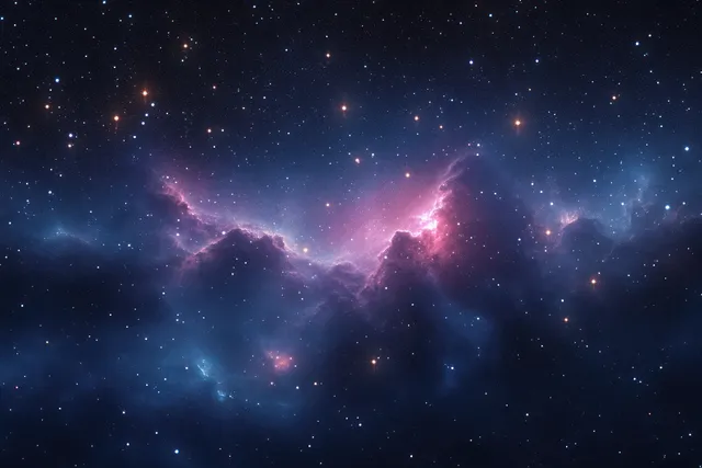 Pink and blue nebula clouds glow amid a dense field of shining stars in deep space.