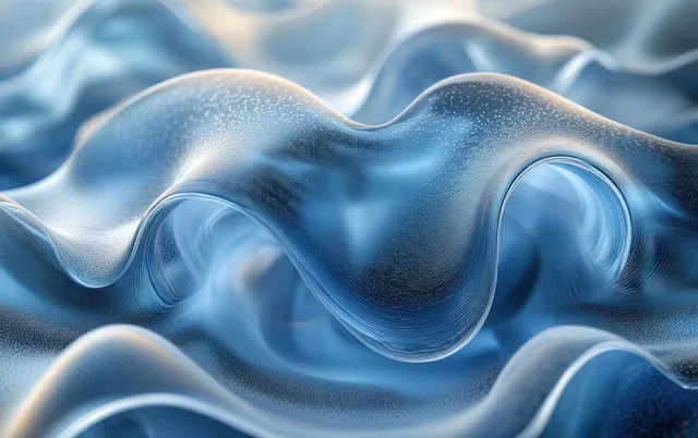 Blue translucent glass wave pattern with refraction highlights and soft glow background