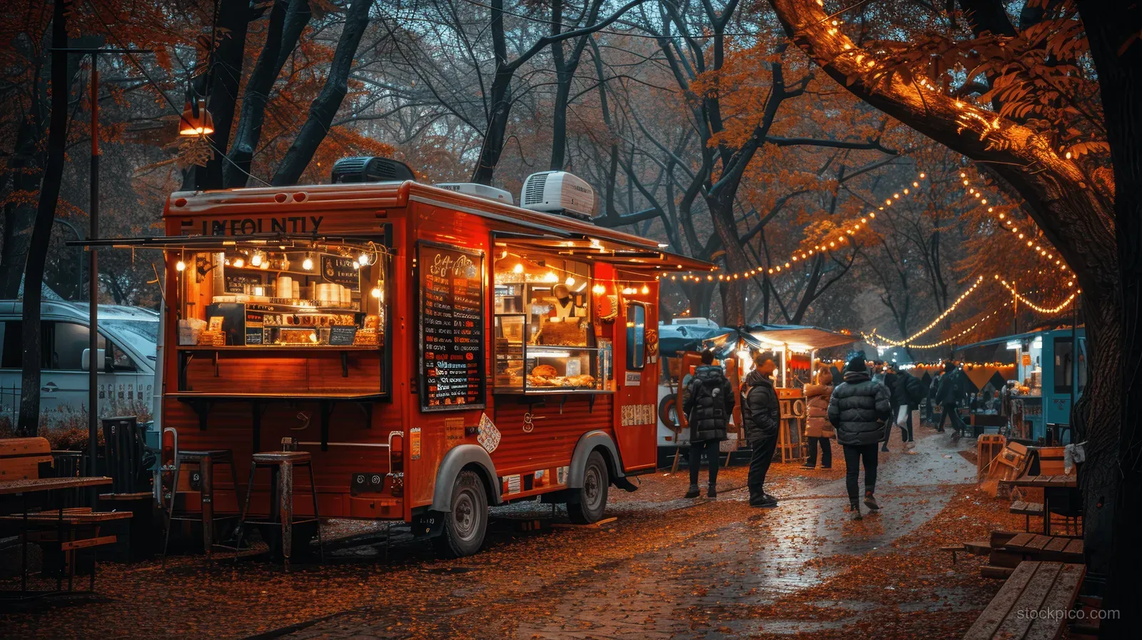 An illuminated food truck and street market stalls glow with string lights as people walk in a snowy autumn city square.