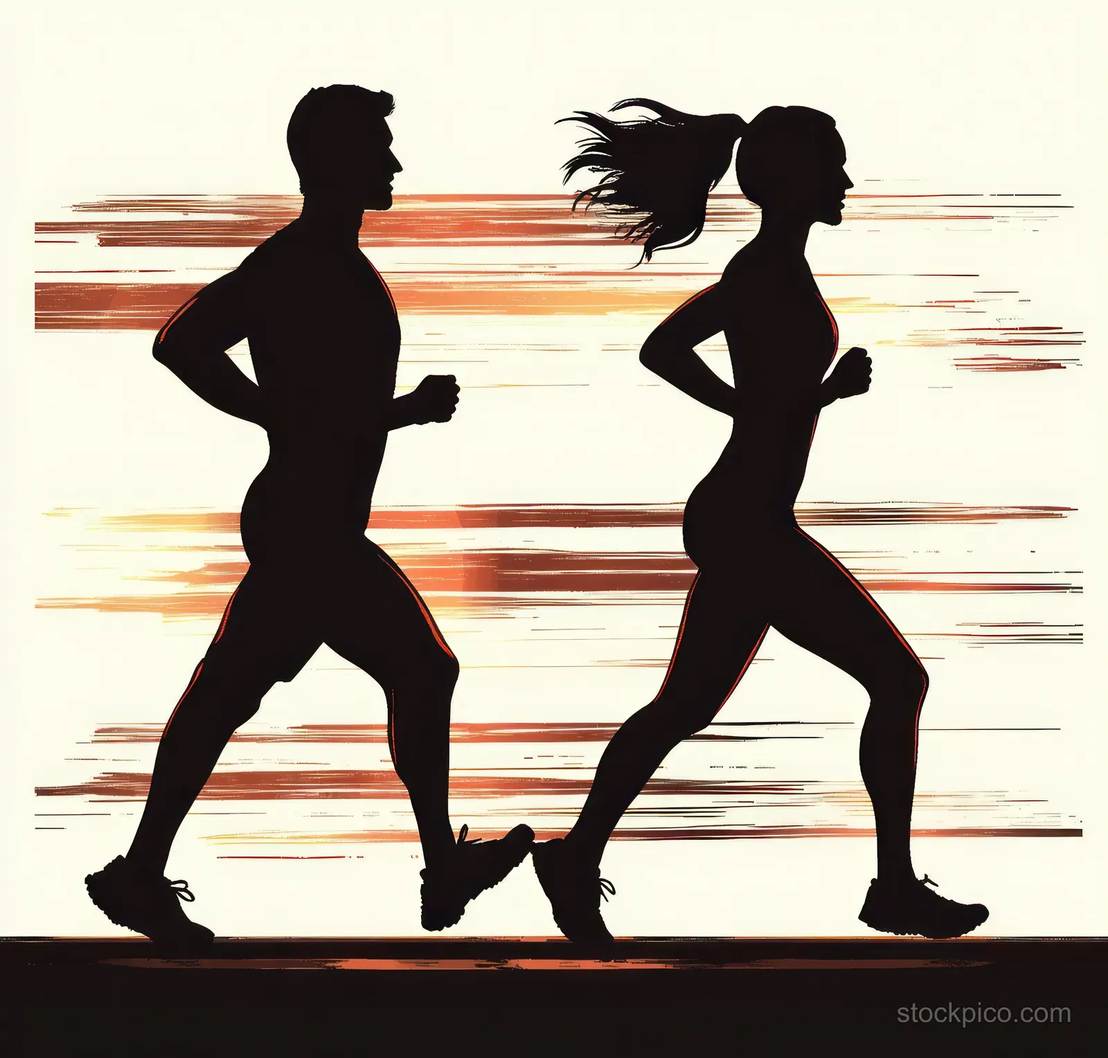 Two silhouetted runners jog side by side with orange and brown speed streaks behind them.
