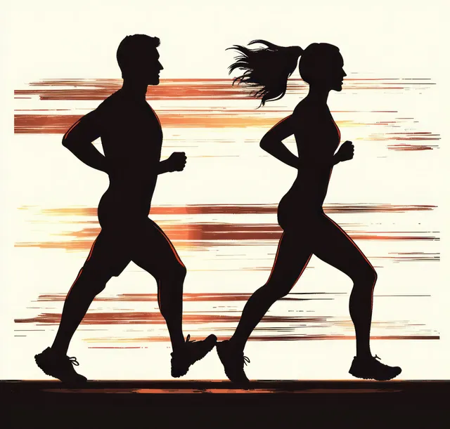 Silhouetted man and woman jogging side by side with orange motion streaks background
