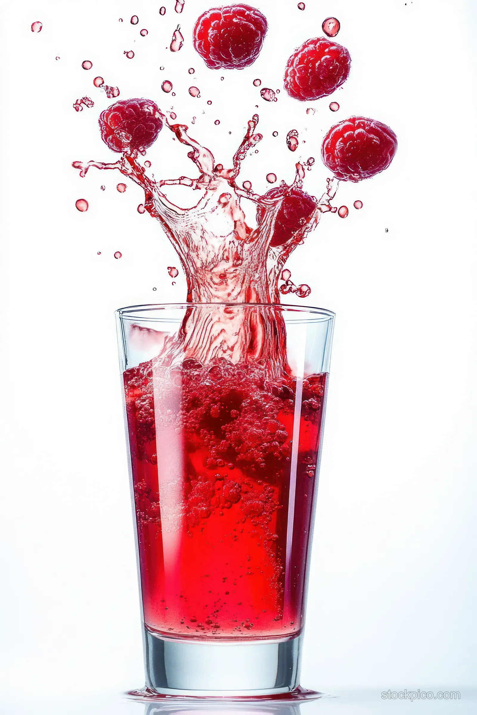 Cherry juice splashes into a clear glass with red droplets and cherries scattered on a white background.