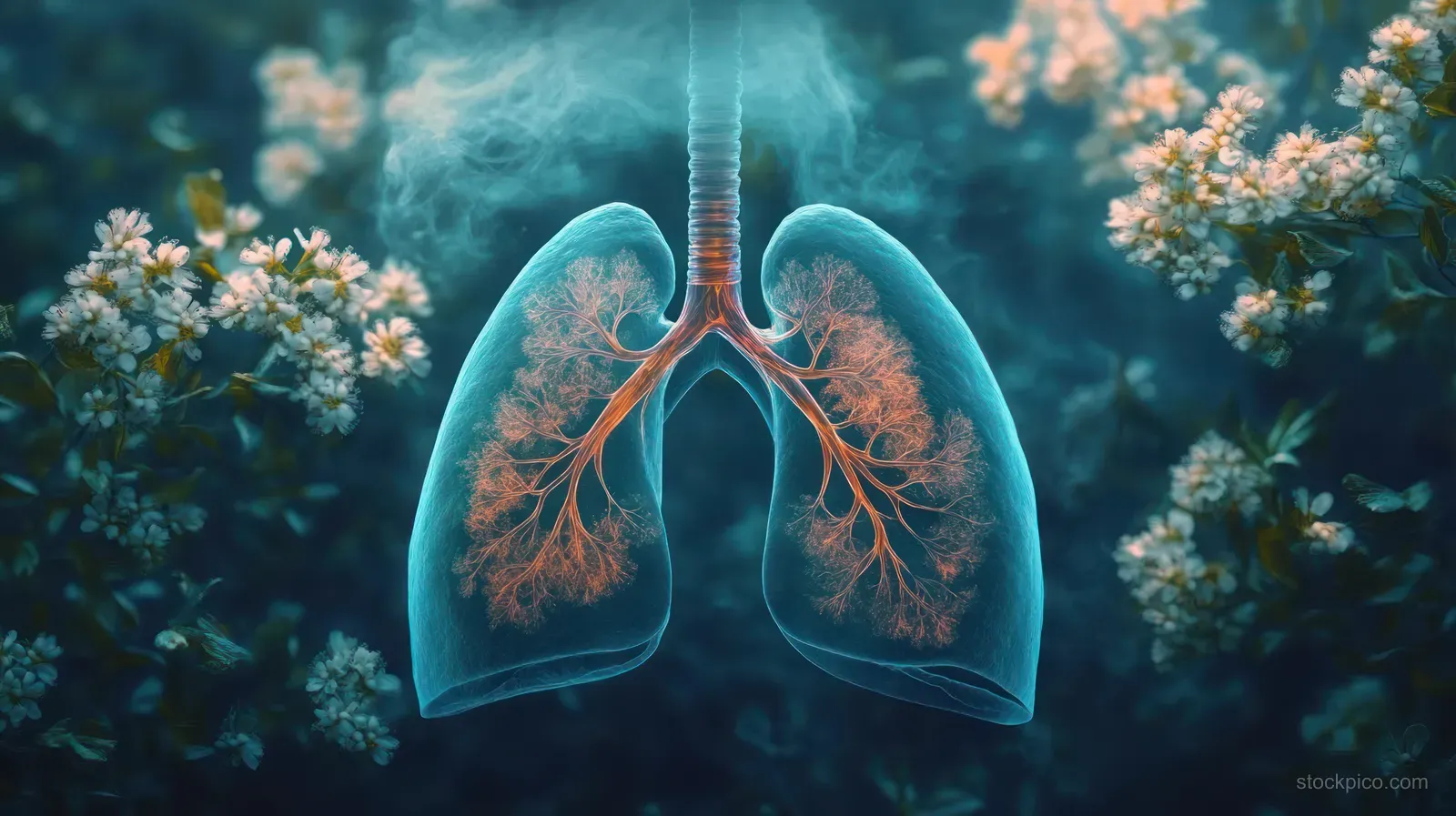 Surreal blue lungs float in a misty underwater scene as flowers frame the background and smoke-like haze fades.