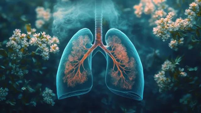 Surreal lungs with smoking haze, surrounded by flowers, symbolizing air pollution health risks