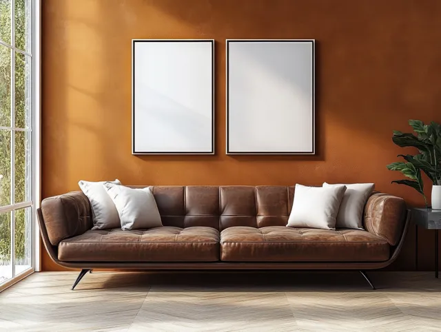 Brown leather sofa sits under two framed blank artworks on a warm wall beside a sunlit window and a potted plant.