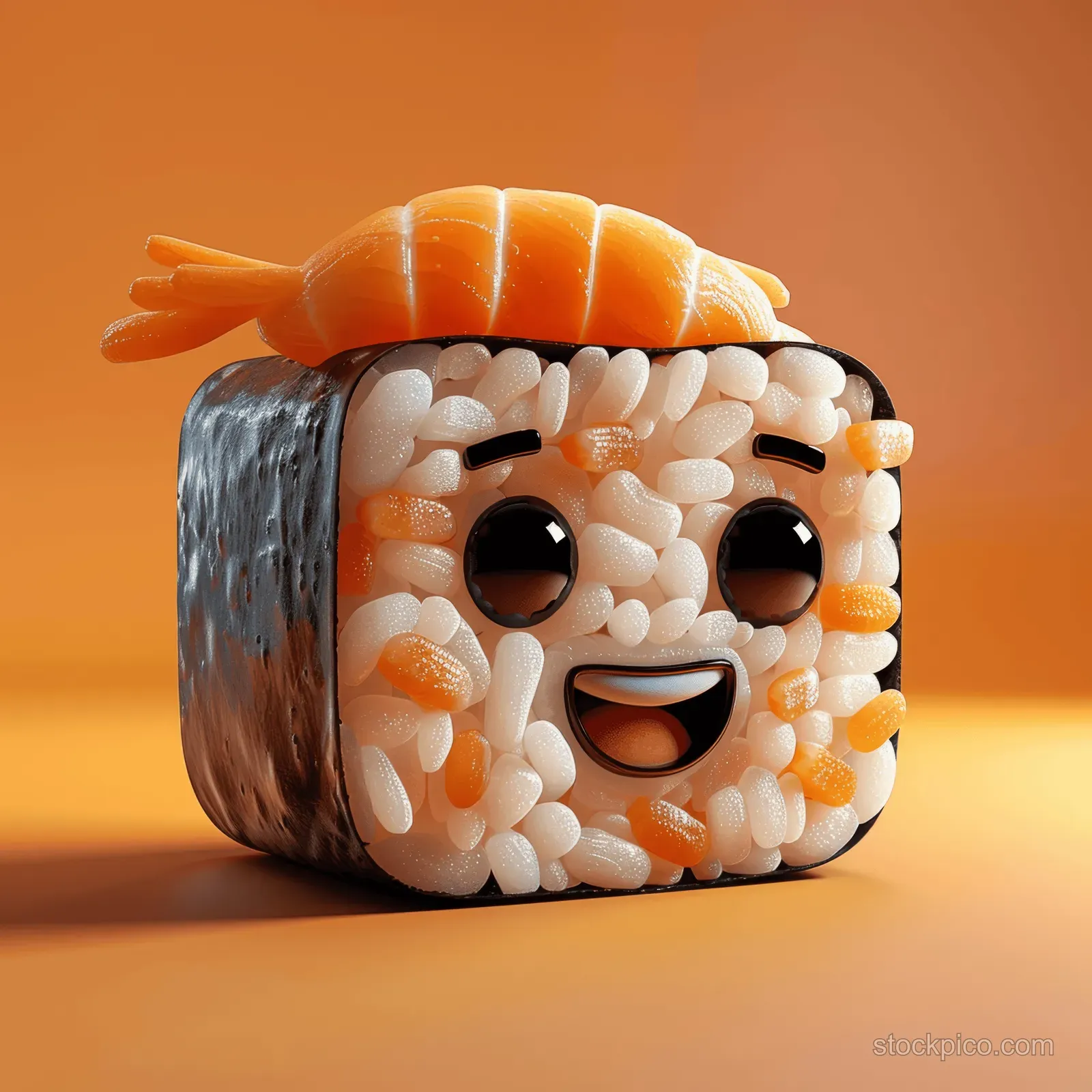 A 3D maki sushi cartoon character with big eyes and a smile sits on an orange background.