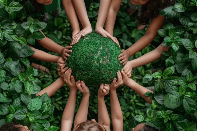 Children’s hands surround a grass-covered Earth globe in a bed of green leaves.