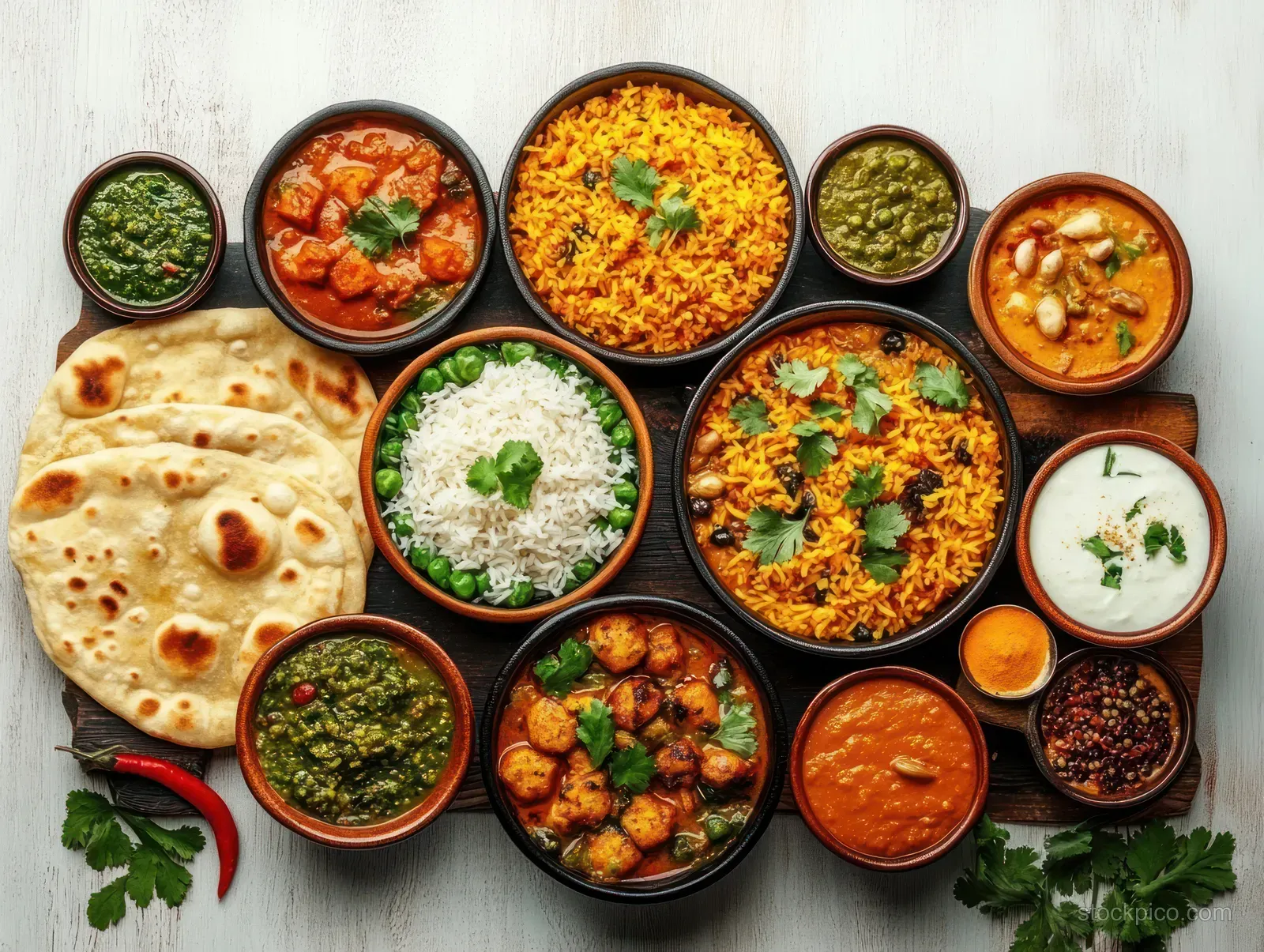Colorful Indian dishes in bowls with naan bread, rice, dal, chutneys, and fresh herbs on a wooden board.