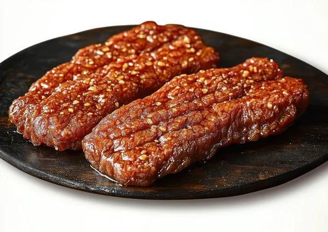 Two glazed meat slices with garlic sprinkled sit on a dark round plate in a close-up view.