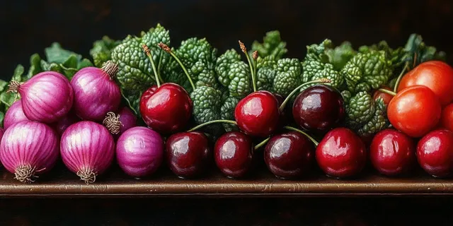 Purple onions, red cherries, and leafy greens arranged on a wooden board under natural light.